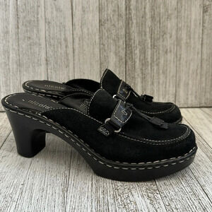 Vintage Nicole Shoes Womens Black Markie Suede Slip On Clogs Mules Tassel